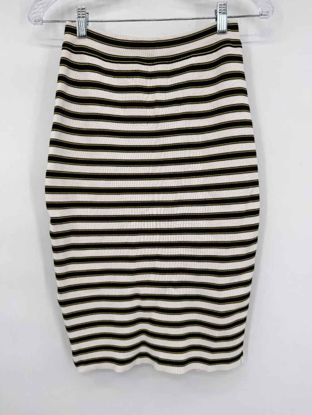 A.L.C. Striped Knit Pencil Skirt White Black Lime Stretch Midi Luxury Size S